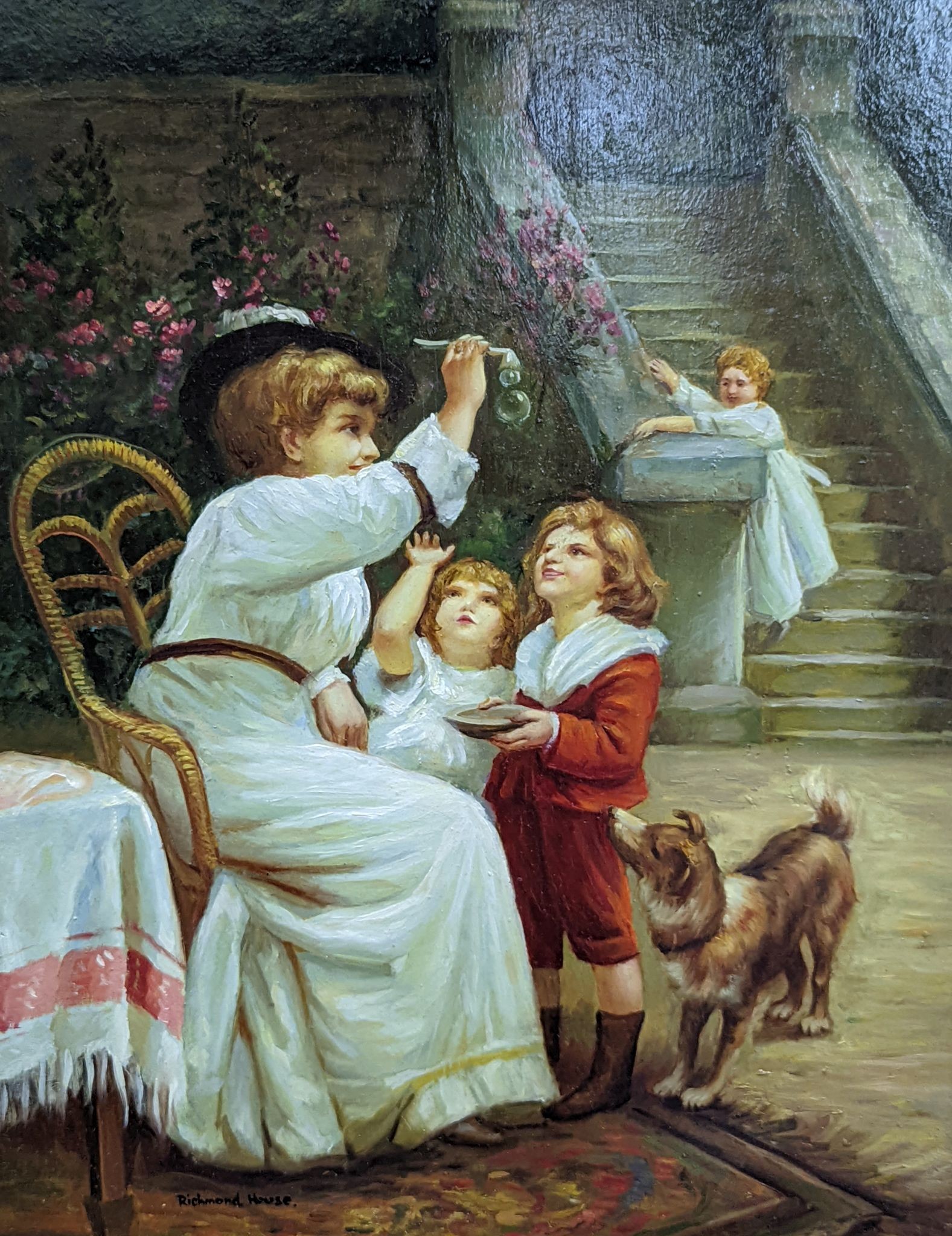 Richmond House, oil on board, Mother and children in a garden, signed, 50 x 40cm